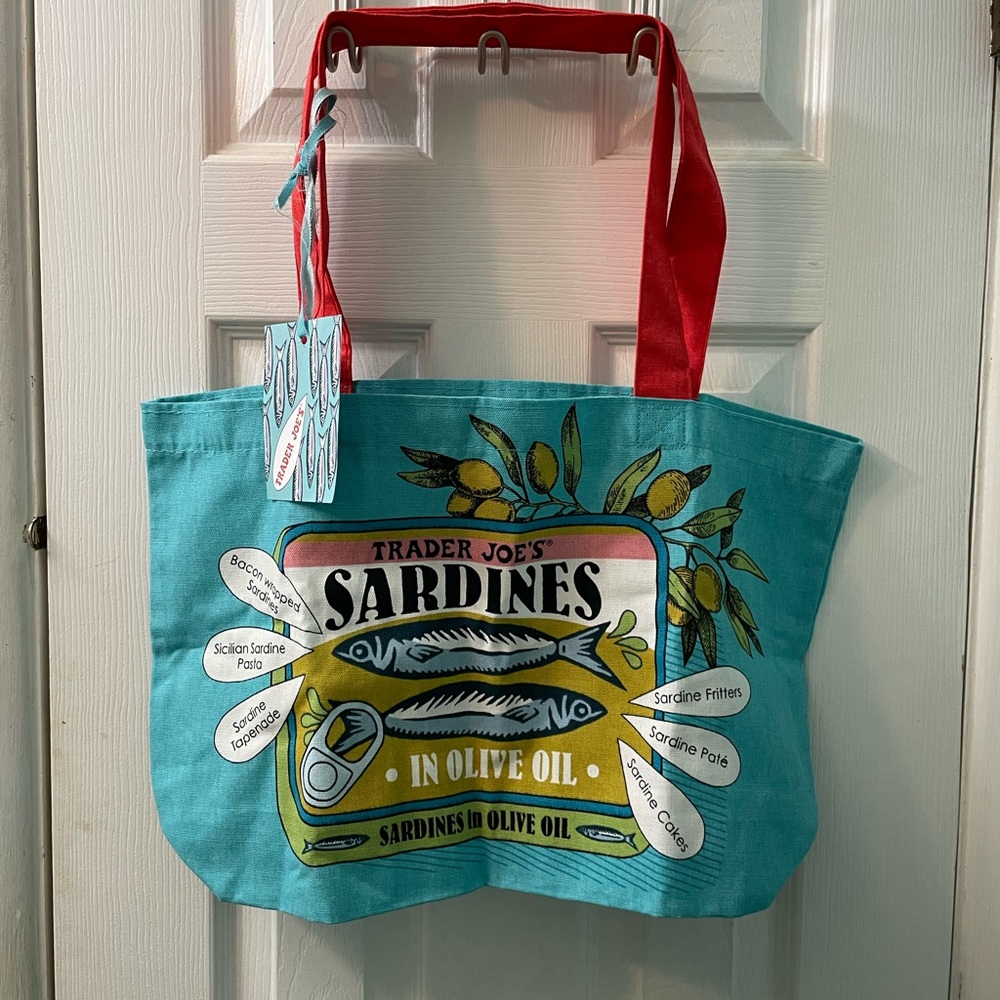 Trader Joe's Sardines Tote Bag with Red Handles NWT